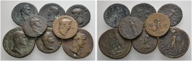 8 Stücke: Römische Bronzemünzen. Tiberius, As (SC im Schriftrund, 10,75 g); Claudius, As (Minerva nach rechts stehend, 9,70 g); Nero, Dupondius (Victo...