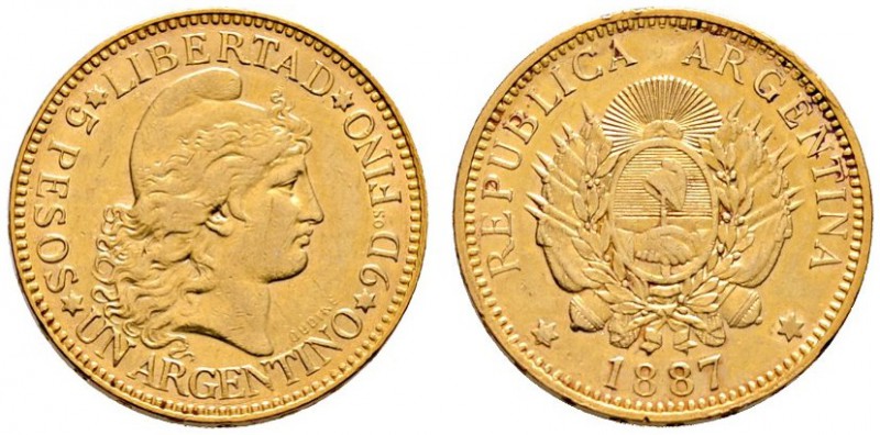 Argentinien
5 Pesos (Argentino) 1887. Libertasbüste. KM 31, Fr. 14. 7,2 g Feing...