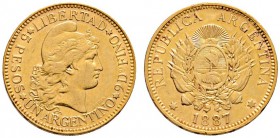 Argentinien
5 Pesos (Argentino) 1887. Libertasbüste. KM 31, Fr. 14. 7,2 g Feingold
sehr schön-vorzüglich
Aus Sammlung Dr. Lutz.