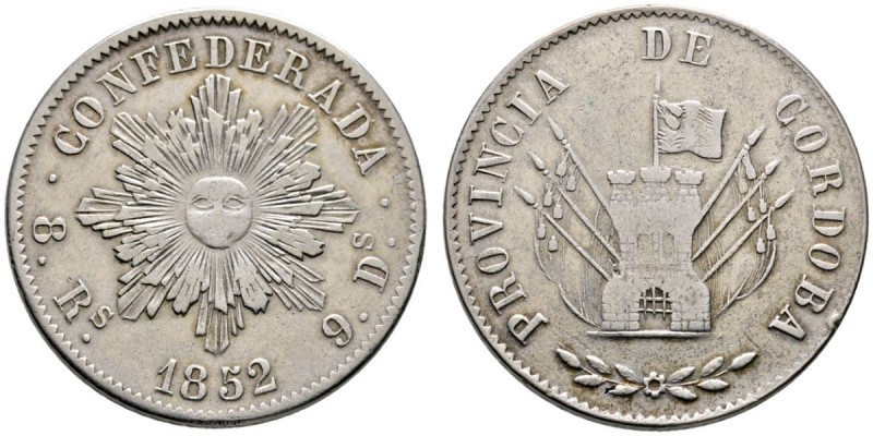 Argentinien
Cordoba. 8 Reales 1852. KM 32. 26,98 g
selten, kleine Randkerbe, g...
