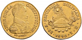 Bolivien
Republik
8 Escudos 1840. Brustbild Simon Bolivar in Uniform nach rechts. KM 99, Fr. 21. 27,07 g
Kratzer auf dem Avers, sehr schön-vorzügli...