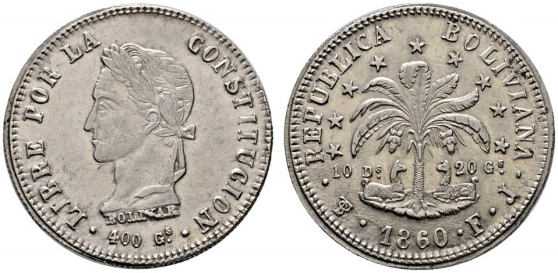 Bolivien
Republik
8 Soles 1860 -Potosi-. Büste Simon Bolivar sowie mit Randsch...