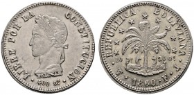 Bolivien
Republik
8 Soles 1860 -Potosi-. Büste Simon Bolivar sowie mit Randschrift auf Riffelrand(!). KM 138.6. 20,05 g
prägefrisch
Aus Sammlung D...