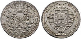 Brasilien
Johann VI. Prinzregent und König 1799-1822
960 Reis 1820 -Rio de Janeiro-. KM 326.1. 26,71 g
feine Patina, minimale Überprägungsspuren, v...