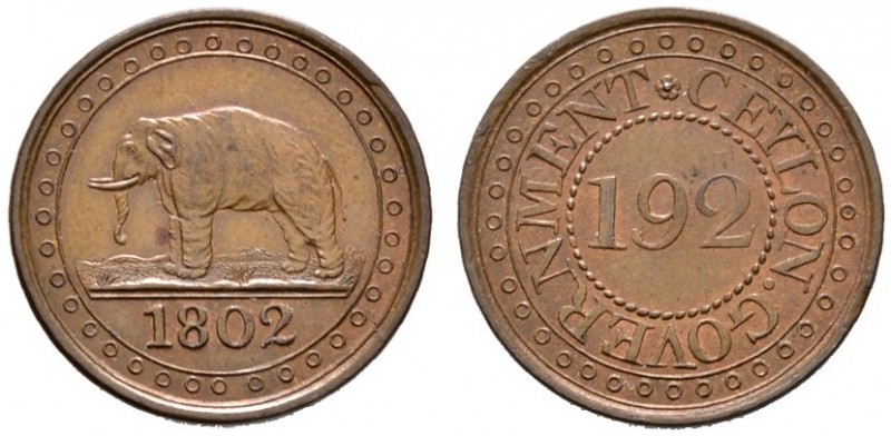 Ceylon, Britisch
Cu-1/192 Rixdollar 1802. Elefant nach links / Wertbezeichnung....