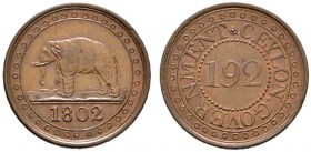 Ceylon, Britisch
Cu-1/192 Rixdollar 1802. Elefant nach links / Wertbezeichnung. KM 73.
selten in dieser Erhaltung, Prachtexemplar, fast Stempelglanz