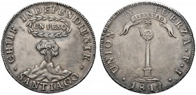 Chile
Republik
Peso 1817. KM 82.2. 27,22 g
selten in dieser Erhaltung, feine Patina, kleiner Schrötlingsfehler auf dem Avers, vorzüglich
Aus Samml...