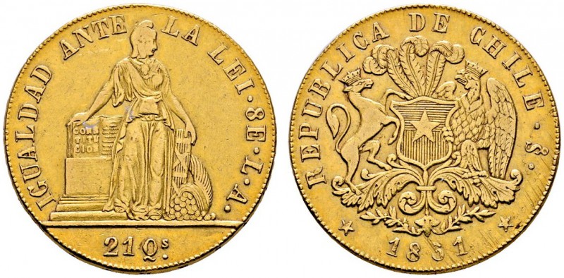 Chile
Republik
8 Escudos 1851. Stehende Libertas als Pallas Athena. KM 105, Fr...