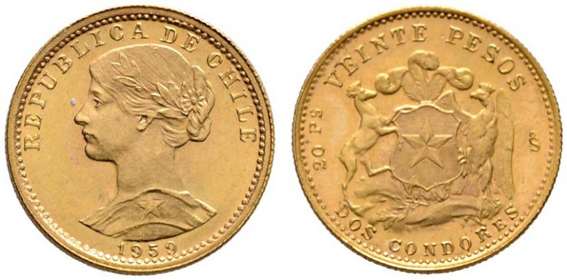 Chile
Republik
20 Pesos 1959. Libertasbüste. KM 168, Fr. 56. 3,6 g Feingold
p...