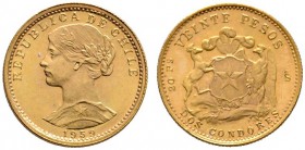 Chile
Republik
20 Pesos 1959. Libertasbüste. KM 168, Fr. 56. 3,6 g Feingold
prägefrisch
Aus Sammlung Dr. Lutz.