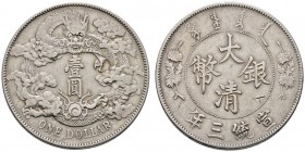 China-Ching-Dynastie
Hsuan-Tung 1908-1912
Dollar Jahr 3 (1911). Kaiserlicher Drachen-Typ. Y. 31, Kann 227, L./M. 37, Dav. 216. 26,77 g
kleine Konte...