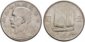 China-Republik
1. Republik 1912-1949
Dollar Jahr 23 (1934). Sun Yat-Sen. Ähnlich wie vorher, jedoch ohne Vögel über der Dschunke. Y. 345, Kann 624, ...