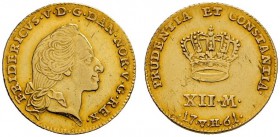 Dänemark
Frederik V. 1746-1766
12 Mark (Courant Ducat) 1761. Büste mit Zopfschleife nach rechts / Krone über Wertangabe. Schou 1, Fr. 269. 3,10 g
l...