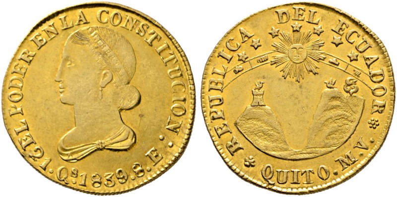 Ecuador
8 Escudos 1839 -Quito-. Ähnlich wie vorher. KM 23.1, Fr. 3. 26,97 g
se...