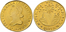 Ecuador
8 Escudos 1839 -Quito-. Ähnlich wie vorher. KM 23.1, Fr. 3. 26,97 g
sehr selten - vor allem in dieser Erhaltung, vorzüglich
Aus Sammlung Dr...