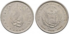 El Salvador
Peso (Colon) 1892. KM 114. 24,81 g
minimale Randfehler, sehr schön-vorzüglich
Aus Sammlung Dr. Lutz.