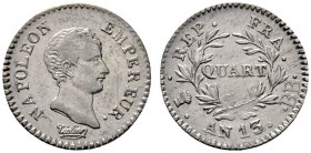 Frankreich-Königreich
Napoleon I. 1804-1815
Quart (1/4 Franc) L'AN 13 (1804/05) -Straßburg-. Gad. 346.
selten, leichter Schrötlingsfehler auf dem R...