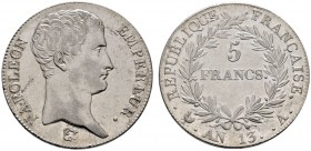 Frankreich-Königreich
Napoleon I. 1804-1815
5 Francs L'AN 13 (1804/05) -Paris-. Gad. 580, Dav 83.
selten in dieser Erhaltung, winzige Randfehler un...