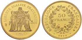 Frankreich-Königreich
5. Republik seit 1958
50 Francs - Dickabschlag (PIEDFORT) in GOLD 1979. Nach dem Modell von A. Dupré. Herkulesgruppe. Mit vers...