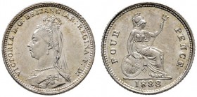 Großbritannien
Victoria 1837-1901
Groat 1888. Für British Guiana. Spink 3930.
prägefrisches Prachtexemplar