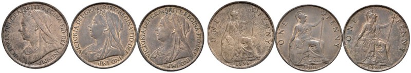 Großbritannien
Victoria 1837-1901
Lot (3 Stücke): Cu-Penny 1896, 1899 und 1900...