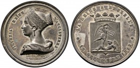 Großbritannien
Victoria 1837-1901
Versilberte Bronzemedaille 1843 von Hart, auf den Besuch der Königin in Brüssel. Brustbild mit breitem Diadem nach...