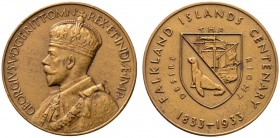 Großbritannien
George V. 1910-1937
Bronzemedaille 1933 von B. Mackennal, auf die Zugehörigkeit der Falklandinseln zum Britischen Commonwealth. Gekrö...