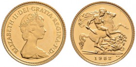 Großbritannien
Elizabeth II. seit 1953
1/2 Sovereign 1982. Spink 4205, Fr. 421. 3,65 g Feingold
Polierte Platte