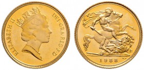 Großbritannien
Elizabeth II. seit 1953
1/2 Sovereign 1988. Spink 4276, Fr. 425. 3,65 g Feingold
Polierte Platte