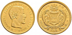 Guatemala
10 Pesos 1869. R. Carrera. KM 193, Fr. 40. 14,5 g Feingold
vorzüglich
Aus Sammlung Dr. Lutz.