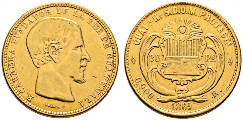Guatemala
20 Pesos 1869. R. Carrera. KM 194, Fr. 38. 28,9 g Feingold
sauber re...