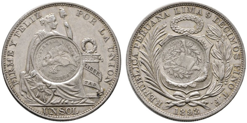 Guatemala
Peso 1894. Eine Un Sol-Münze der Republik PERU von 1893 wurde mit den...