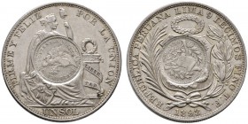 Guatemala
Peso 1894. Eine Un Sol-Münze der Republik PERU von 1893 wurde mit den originalen Stempeln eines 1/2 Real 1894 von Guatemala gegengestempelt...