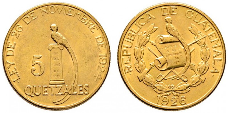 Guatemala
5 Quetzals 1926. Quetzal auf Säule. KM 244, Fr. 50. 7,5 g Feingold
f...