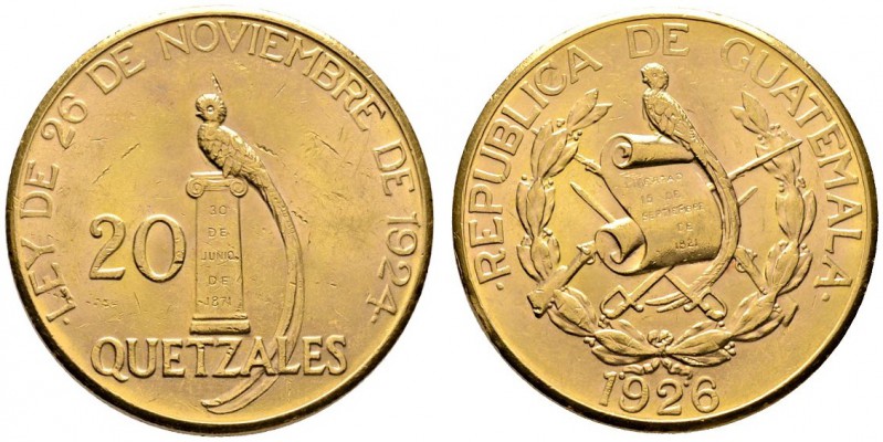 Guatemala
20 Quetzals 1926. Quetzal auf Säule. KM 246, Fr. 48. 30,0 g Feingold...
