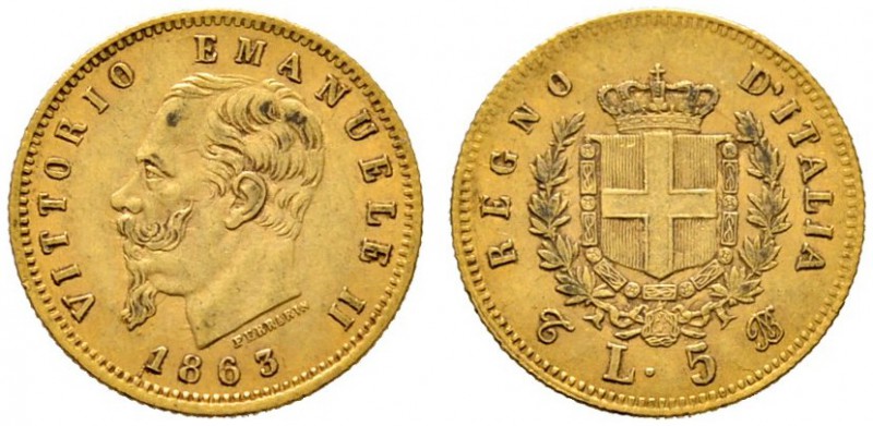 Italien-Königreich
Victor Emanuel II. 1861-1878
5 Lire 1863 -Turin-. Pagani 47...
