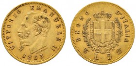 Italien-Königreich
Victor Emanuel II. 1861-1878
5 Lire 1863 -Turin-. Pagani 479, Fr. 16, Schl. 53. 1,59 g
sehr schön-vorzüglich