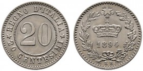Italien-Königreich
Umberto I. 1878-1900
20 Centesimi 1894 -Berlin- (K.B). Pagani 611, KM 28.1.
Prachtexemplar, fast Stempelglanz