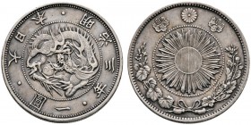 Japan
Mutsuhito - Periode Meiji 1868-1912
1 Yen Meiji 3 (1870). Typ II. Y. 5.2, Dav. 273, Jap.Coinage Q 2. 27,04 g
feine Patina, winzige Randuneben...