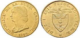 Kolumbien
Republik Nueva Granada
16 Pesos 1843 -Bogota-. Libertasbüste nach links / Wappen. KM 94.1, Fr. 74. 27,01 g
kleine Kratzer, vorzüglich
Au...
