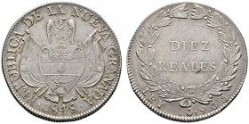 Kolumbien
Republik Nueva Granada
10 Reales 1843 -Bogota oder Popayan-. KM 107. 24,98 g
feine Patina, winziger Schrötlingsfehler auf dem Revers, fas...