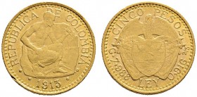 Kolumbien
Republik
5 Pesos 1913. Bergmann. KM 195, Fr. 110. 7,3 g Feingold
kleine Randfehler, sehr schön
Aus Sammlung Dr. Lutz.