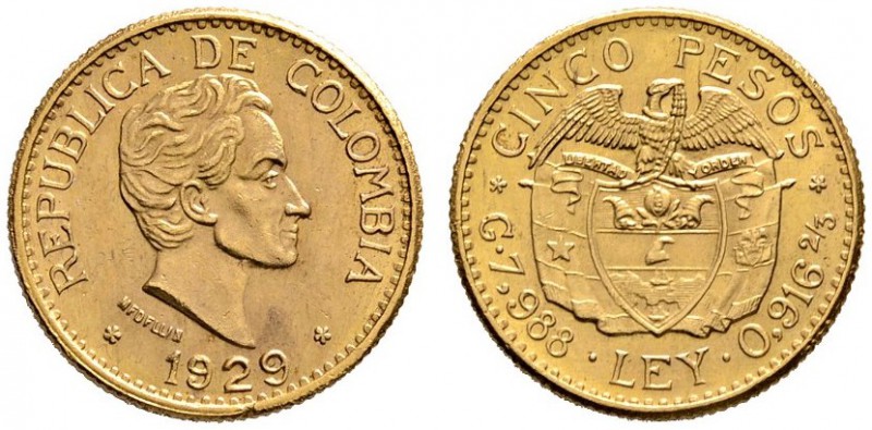 Kolumbien
Republik
5 Pesos 1929. S. Bolivar. KM 204, Fr. 115. 7,3 g Feingold
...