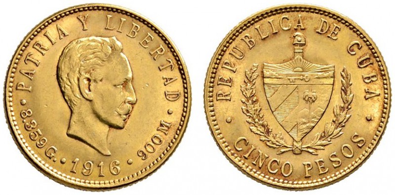 Kuba
5 Pesos 1916. José Marti. KM 19, Fr. 4. 7,5 g Feingold
vorzüglich
Aus Sa...