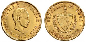 Kuba
5 Pesos 1916. José Marti. KM 19, Fr. 4. 7,5 g Feingold
vorzüglich
Aus Sammlung Dr. Lutz.