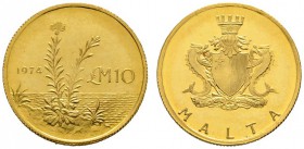 Malta
Parlamentarische Republik seit 1974
10 Pounds 1974. Nationalblume. KM 26, Fr. 57. 2,7 g Feingold
Stempelglanz (prooflike)
Aus Sammlung Dr. L...