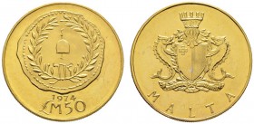 Malta
Parlamentarische Republik seit 1974
50 Pounds 1974. Darstellung der frühesten maltesischen Münze. KM 28, Fr. 55. 13,7 g Feingold
fast Stempel...