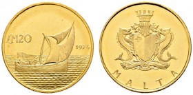 Malta
Parlamentarische Republik seit 1974
20 Pounds 1974. Segelschiff. KM 43, Fr. 56. 5,5 g Feingold
Stempelglanz (prooflike)
Aus Sammlung Dr. Lut...
