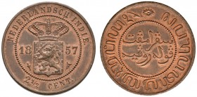 Niederländisch-Indien (Ostindien)
Willem III. 1849-1890
Cu- 2 1/2 Cents 1857 -Utrecht-. KM 308.2.
Prachtexemplar von feinster Erhaltung, Stempelgla...