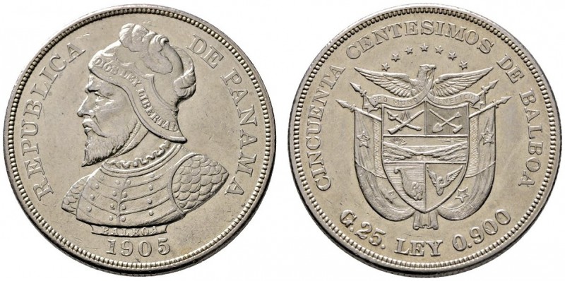 Panama
50 Centesimos 1905. KM 5. 25,03 g
minimale Kratzer, vorzüglich
Aus Sam...